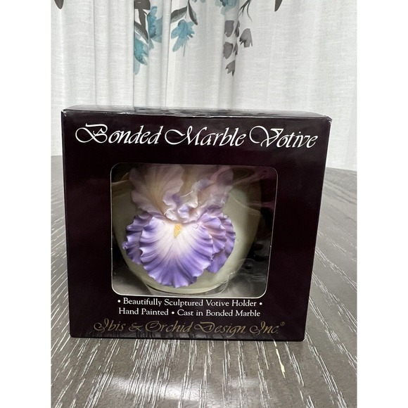Ibis & Orchid Design Bonded Marble Handpainted Votive Purple Bearded Iris - New - Picture 8 of 16